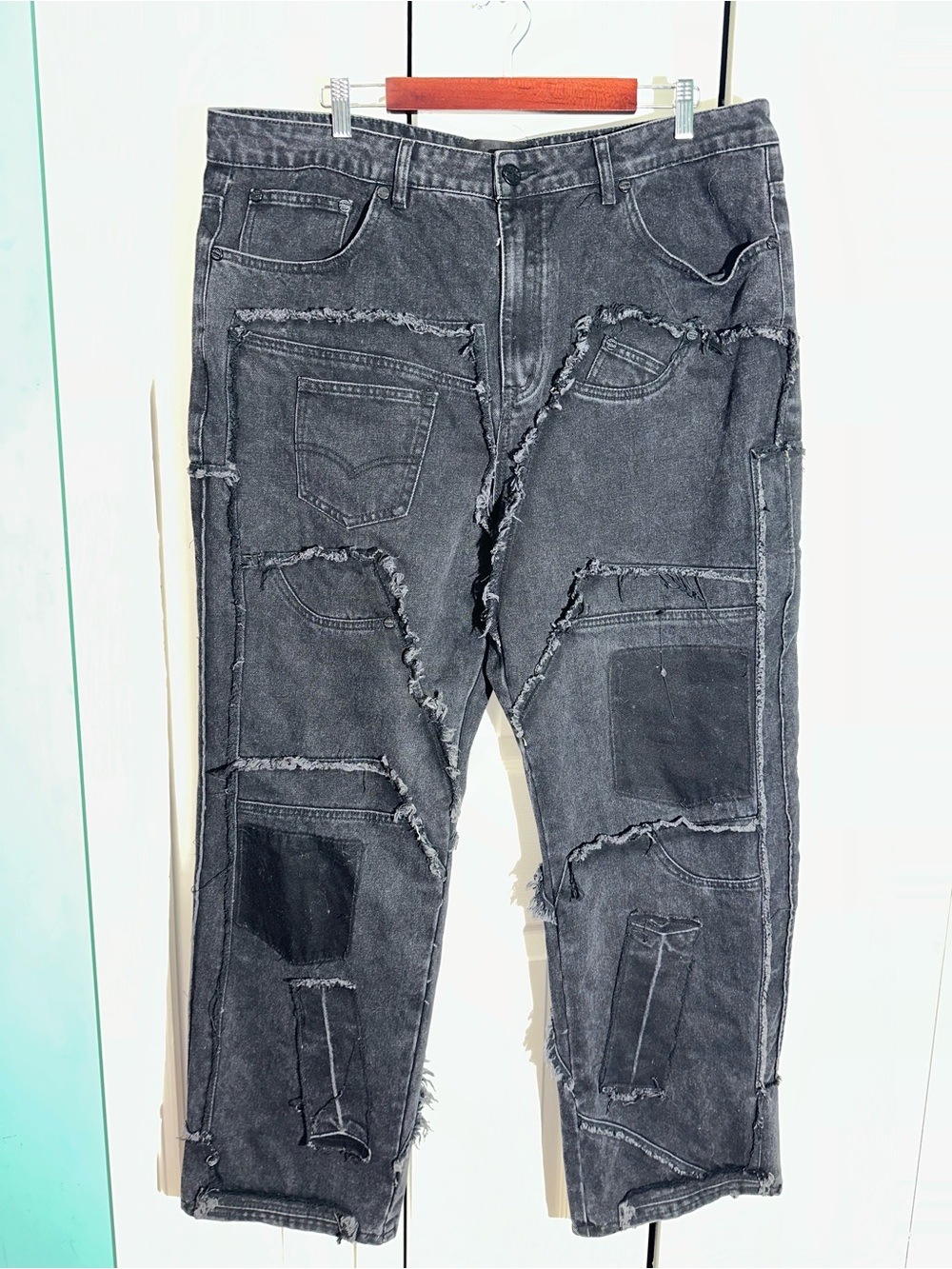 HOMME+FEMME Reconstructed Denim Stone Wash Patchwork Distressed Jeans  AA20